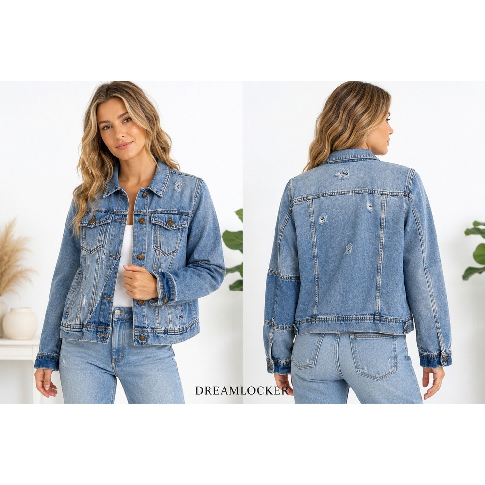 Free People Distressed Denim Jacket Blue Patchwork Trucker‎ Womens Large